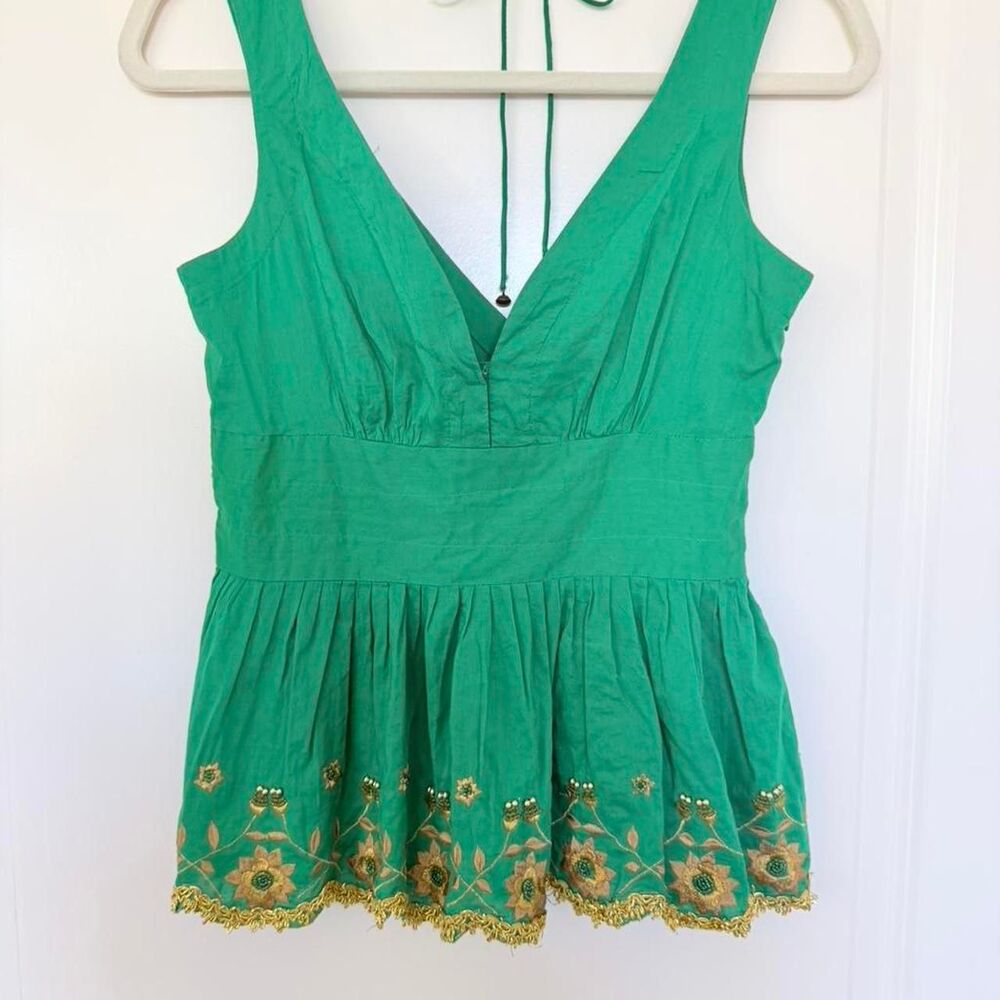 NWT PLENTY Anthropologie Women's Green w/Gold Floral Embroidery Top - Size 4